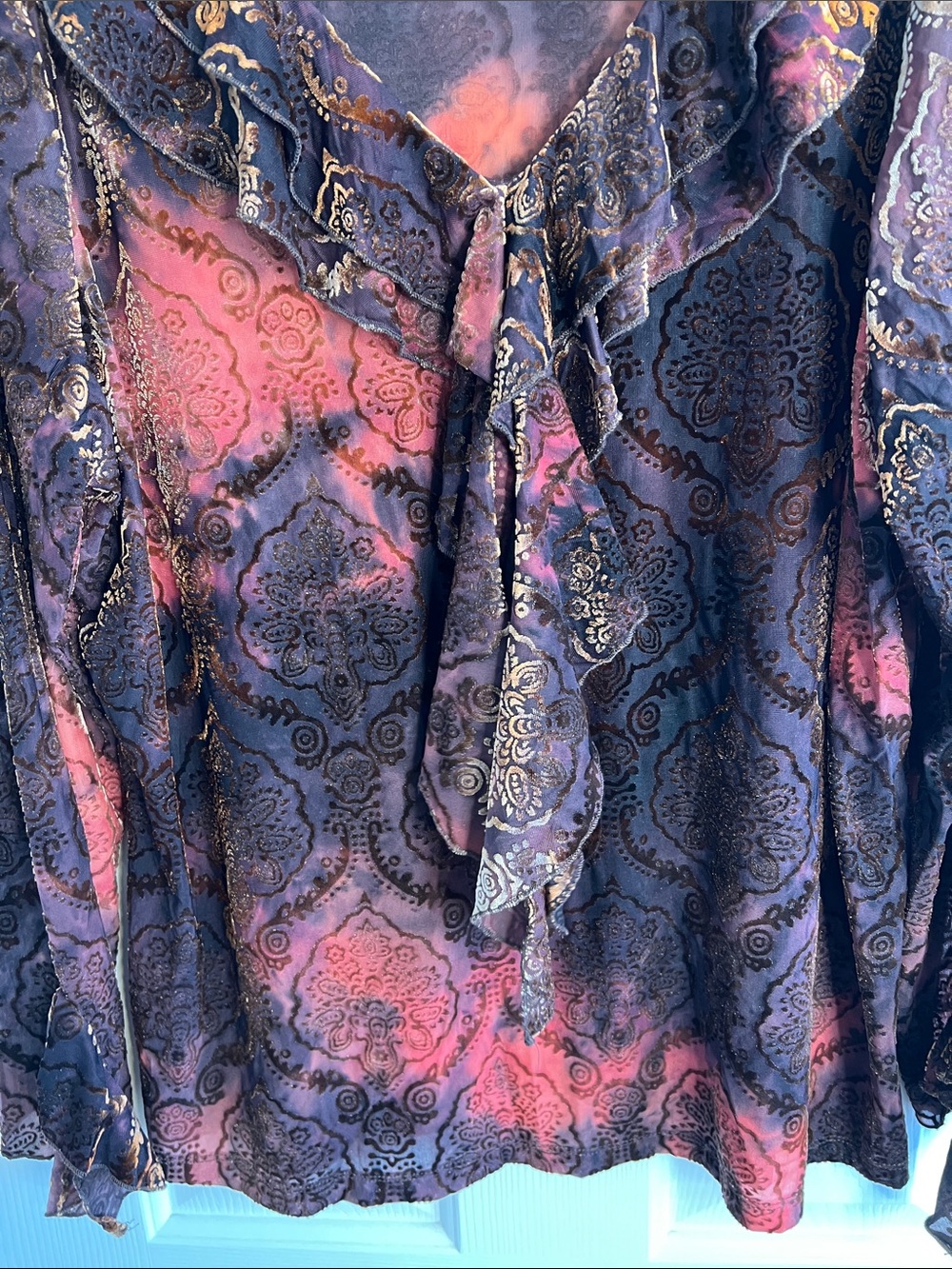 Vintage velvet burnout ruffle long sleeve blouse tie dye autumn damask 2X - Picture 7 of 8